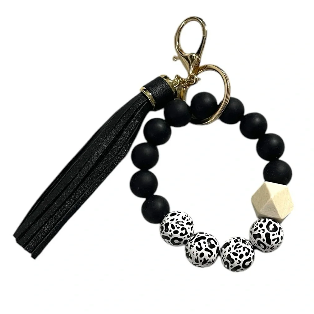 Black Beaded Keychain Bracelet with Tassel